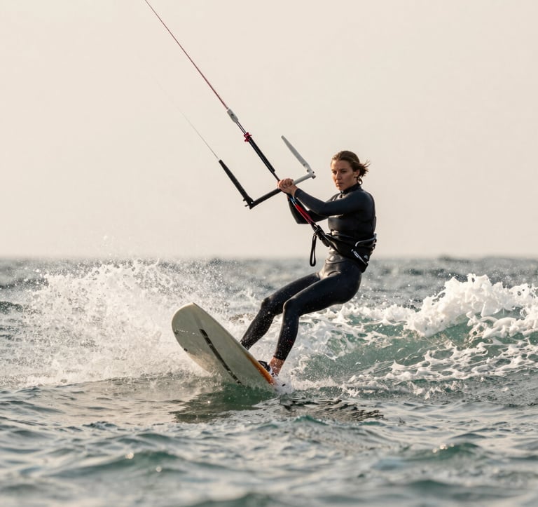 An action shot of Ligia kitesurfing with magnetic confidence. The spray of the water is crisp and clear, with the ocean reflecting shades of #7E8A7F and the sky a pale #FAF8F5. She wears minimalist, high-performance gear in #2C3539.