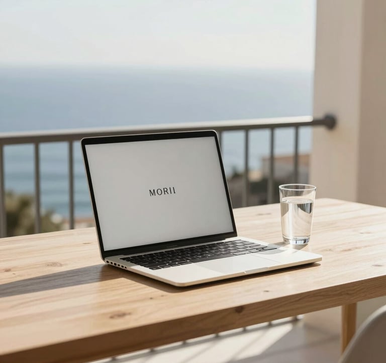 A sophisticated, minimalist workspace on a balcony overlooking the Mediterranean. A premium laptop and a single glass of water sit on a light wood desk. The aesthetic is clean, intellectual, and wealthy, using the brand's palette of sand and cream.