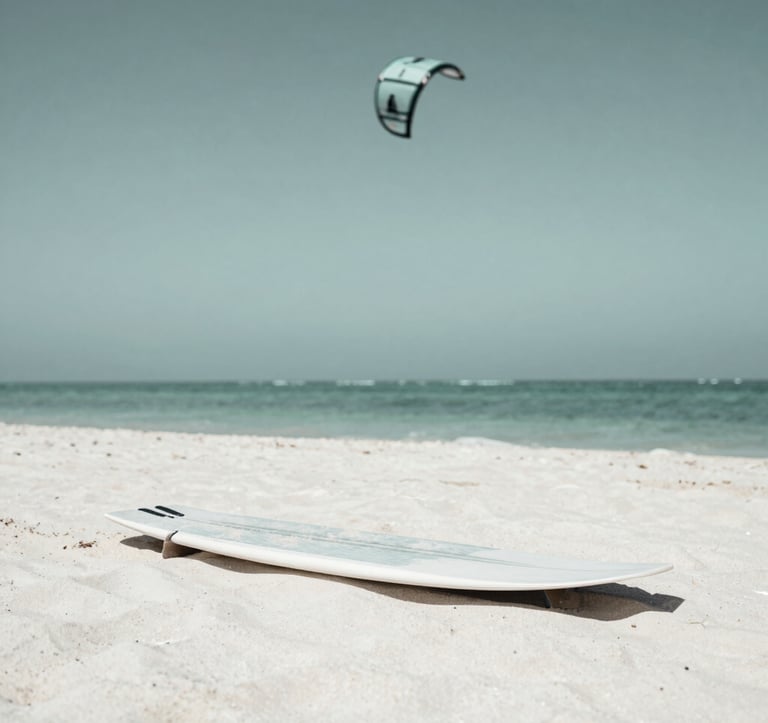 A minimalist, high-end photograph of a kite surfing board resting on pristine white sand. The board features clean lines and a subtle matte finish. In the background, the soft gradient of a sage-colored ocean meets the sky. Aspirational and calm luxury aesthetic.