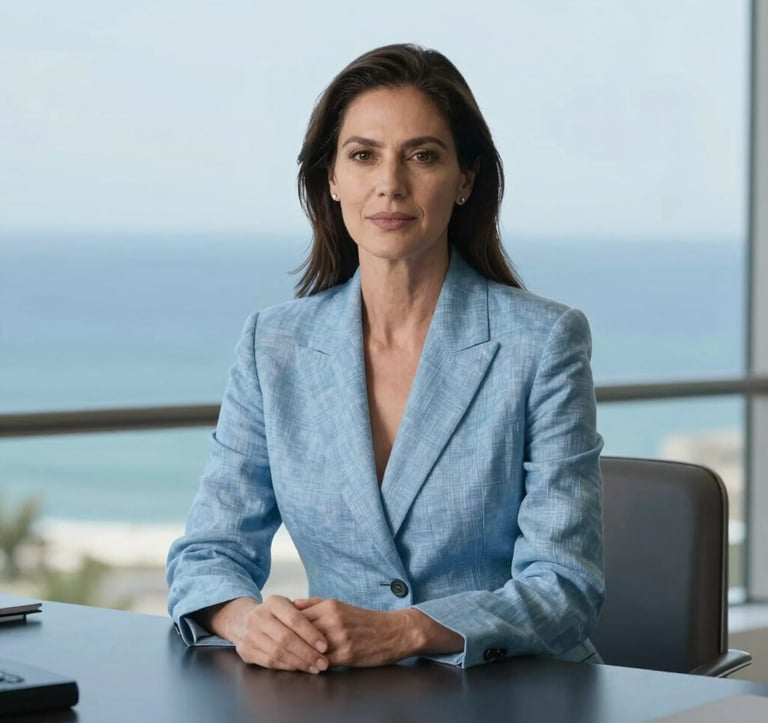 An editorial portrait of Ligia in a sophisticated, structured linen suit in #FAF8F5, sitting by a dark #2C3539 desk overlooking a hazy ocean view. Her expression is calm, authoritative, and magnetic.