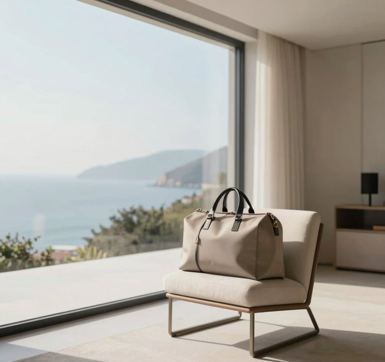 A minimalist luxury interior of a modern villa overlooking a coastal landscape. A neutral-toned travel bag sits on a designer chair. Soft morning light, sharp lines, and a sense of refined global movement. Palette features #FAF8F5 and #DDCAB8.