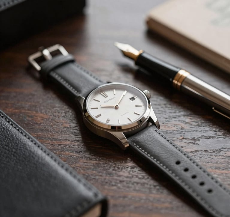 A close-up of a high-end designer watch and a fountain pen resting on a dark, polished wood table. The scene is lit with sophisticated, low-key lighting highlighting textures of metal and leather. Tones of #2C3539 and #FAF8F5.