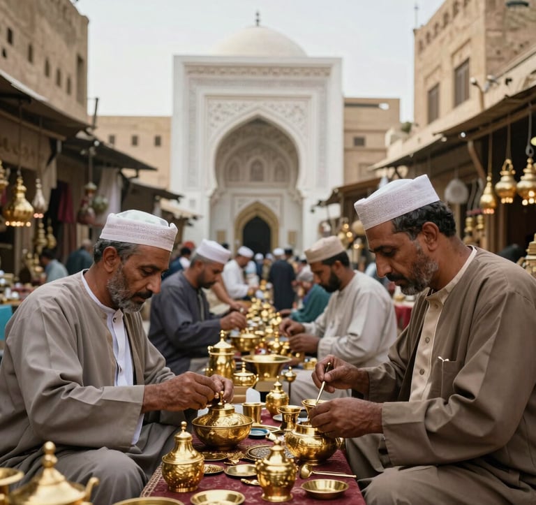 A professional photograph of a bustling, vibrant North African / Egyptian traditional market in Cairo. Artisans are seen working with gold-colored metal, with intricate Alabaster White stone architecture in the background.