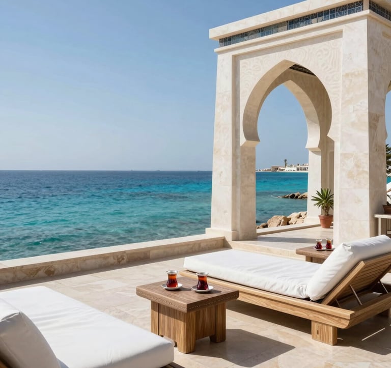 A high-end luxury resort terrace overlooking the Red Sea in a North African / Egyptian setting. The architecture features modern arches inspired by Pharaonic design. The scene includes plush white lounge chairs and a low table with traditional hibiscus tea, set against the turquoise sea and Alabaster White stone.