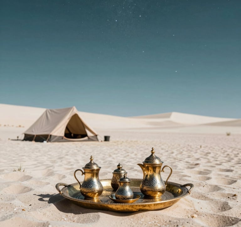 A luxury camping setup in the White Desert under a starry Deep Midnight Teal sky, with a North African / Egyptian style tea set resting on an Ancient Gold platter.