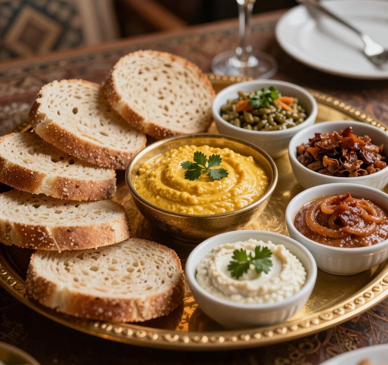 A close-up shot of an authentic Egyptian gourmet meal served in a luxury North African / Egyptian dining setting. Warm lighting highlights textured breads and colorful dips on an Antique Gold platter.