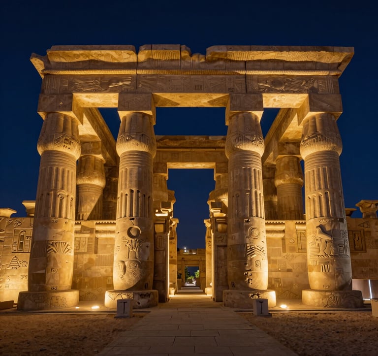 A high-end travel photograph of the Luxor Temple columns at night, illuminated with glowing Desert Sand light against a Deep Navy sky. The composition is symmetrical and grand, emphasizing ancient Egyptian architecture.