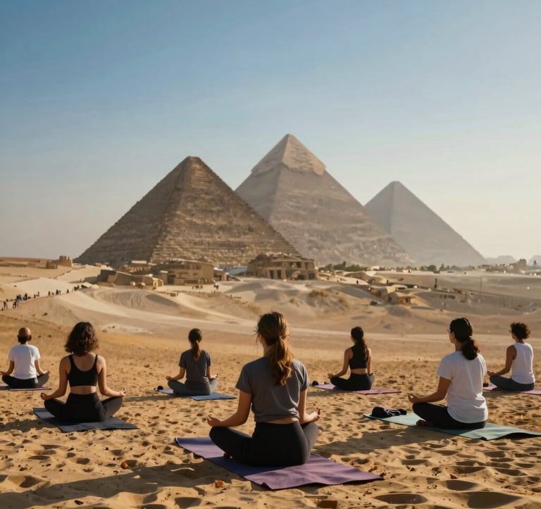 A peaceful outdoor yoga and meditation session at sunrise with a distant, blurred view of the Giza pyramids in a North African / Egyptian desert setting. The atmosphere is hazy and spiritual, using soft Desert Sand and Deep Nile Blue tones in the shadows.