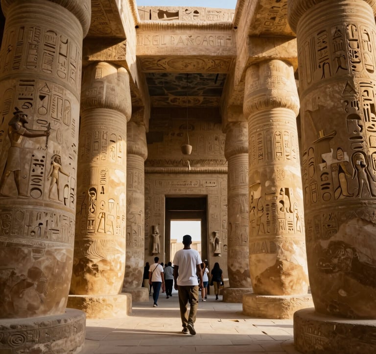 The interior of a grand Luxor temple at sunrise, with Ancient Gold light hitting hieroglyphics on massive columns, and a North African / Egyptian guide leading a tour.