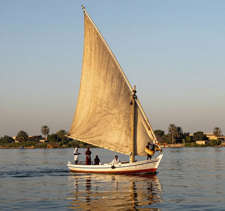 A traditional wooden Felucca sailboat gliding on the calm Nile River during the golden hour, with Ancient Gold reflections on the water and a North African / Egyptian crew handling the sails.