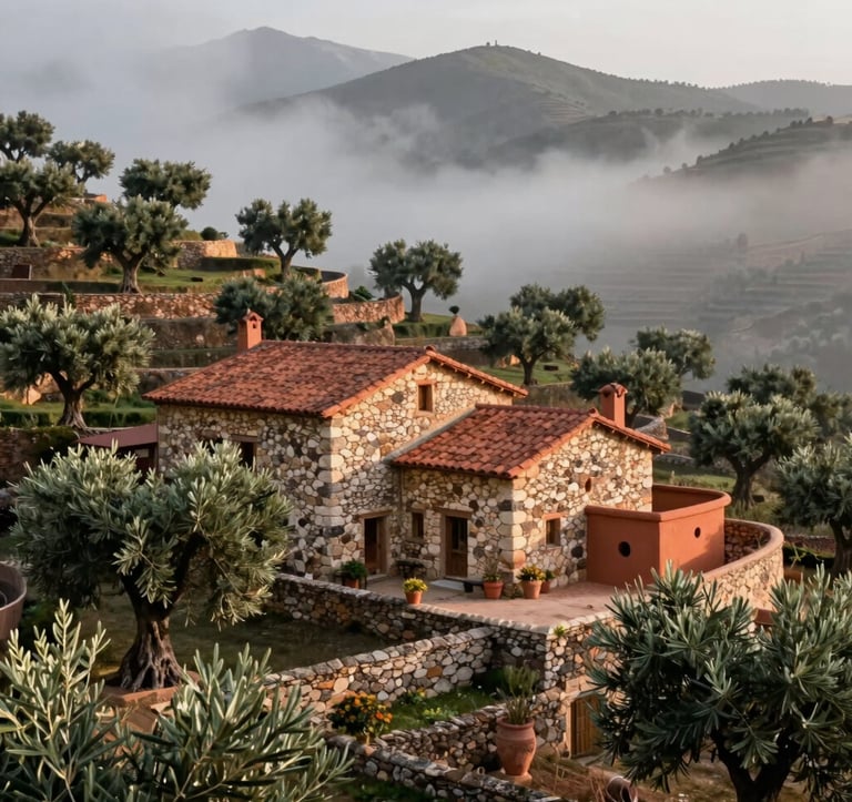 A traditional stone gîte nestled in the high Atlas Mountains, surrounded by terraces of olive trees, with warm terracotta clay accents and soft morning mist.