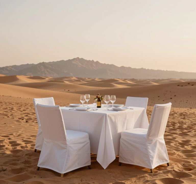 An elegant outdoor dining set-up in the Agafay desert under a golden sand tan sky. Luxury white linens contrast with the earthy ground. In the distance, the Atlas Mountains are visible under a soft haze.