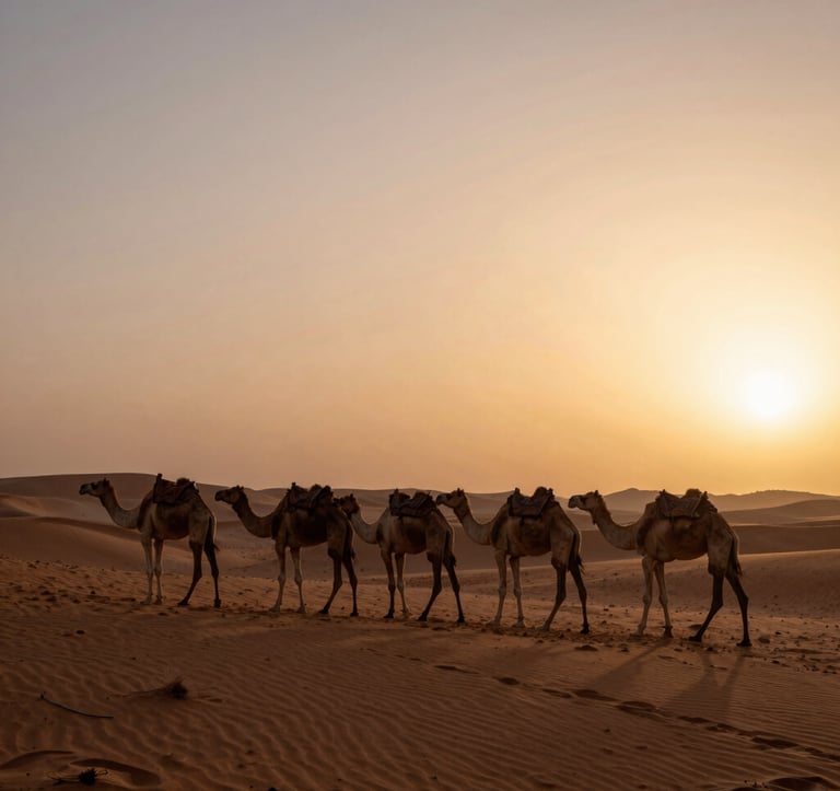 A peaceful caravan of dromedaries walking across the vast Sahara, their silhouettes cast against the sand in dark espresso brown as the sun sets in a warm earthy copper tan glow.