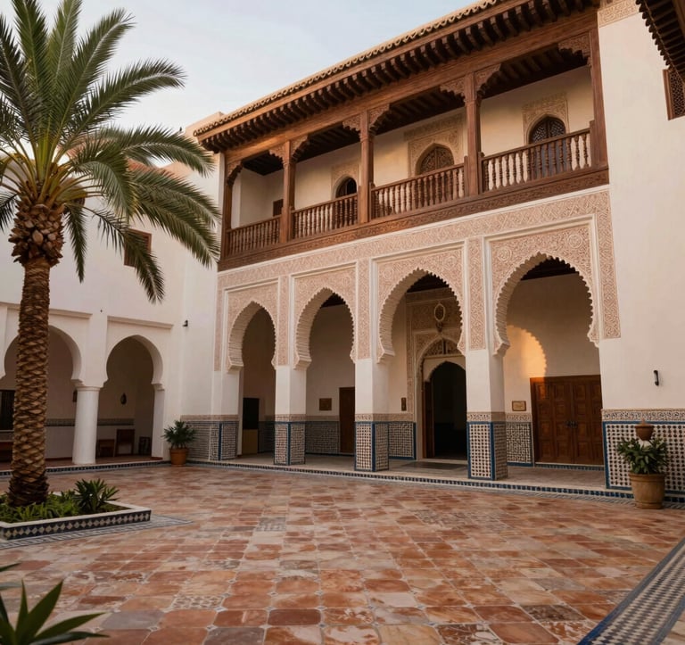 A high-detail photography shot of a traditional Moroccan riad's courtyard at dawn. Walls are Creamy Alabaster with intricate Soft Sand stone carvings. The floor is covered in Warm Terracotta zellige tiles. Lush green palms contrast with the Deep Espresso wooden balconies. Peaceful, sophisticated lighting.