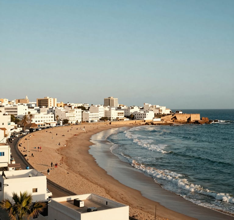 Coastal panoramic view of Agadir, where the white architecture of the city meets the sandy beige shoreline and the soft turquoise Atlantic waves under a golden sun.