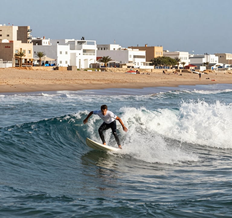 Action shot of a surfer riding a clean wave near Agadir, with the soft almond sand shoreline and white buildings of the city in the background under a clear, elegant sky.