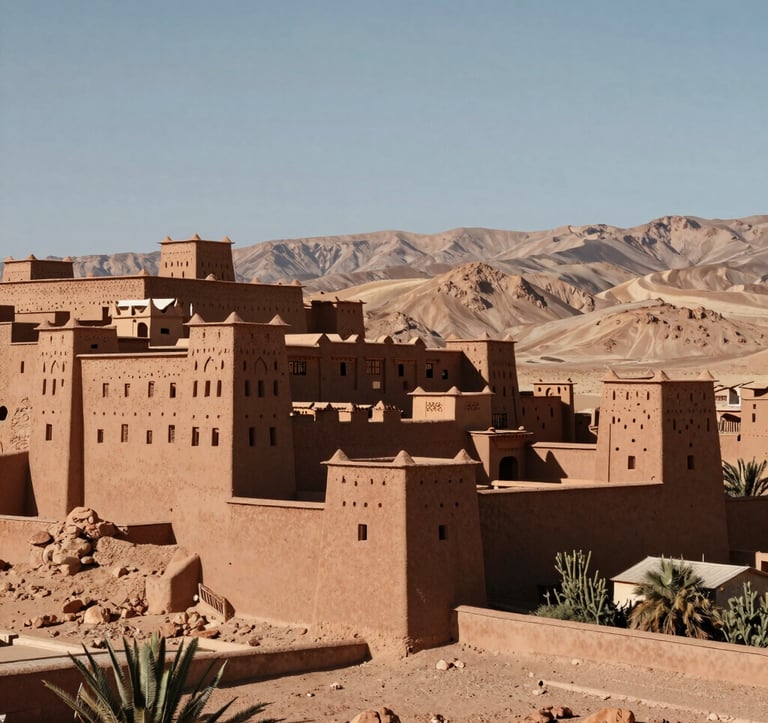 A majestic wide shot of a Kasbah built from Soft Sand clay, situated at the foot of the Atlas Mountains. The sky is clear, and the lighting is crisp. The architecture shows traditional Moroccan battlements and textures in Deep Espresso and Soft Sand tones. Professional travel photography.