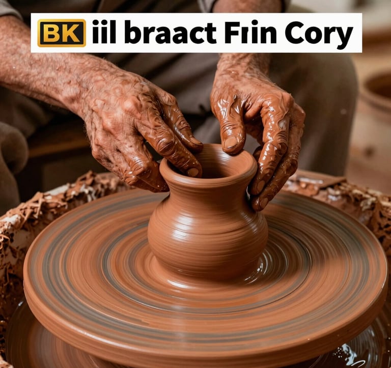A close-up photograph of hands working on traditional Moroccan pottery in a workshop. The clay is a rich terracotta brown, and the lighting is soft and natural, emphasizing the texture of the material and the artisan's skill.