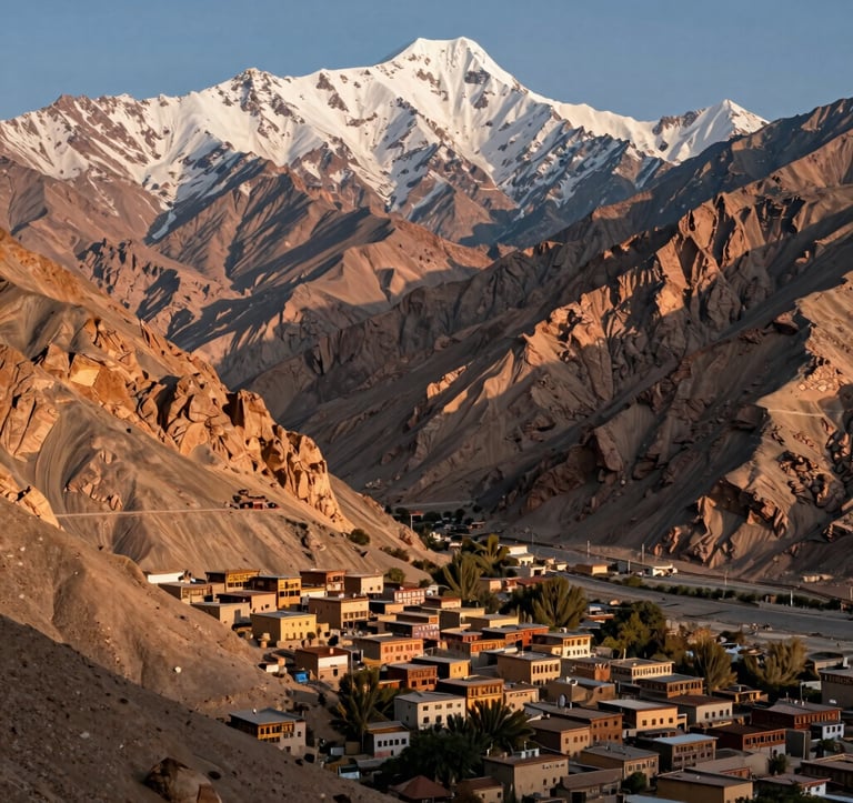 A majestic view of the Atlas Mountains, with rugged peaks in earthy copper tan and snowy summits. A small traditional village is nestled in the valley below, showcasing rich cultural tapestry in the late afternoon sun.