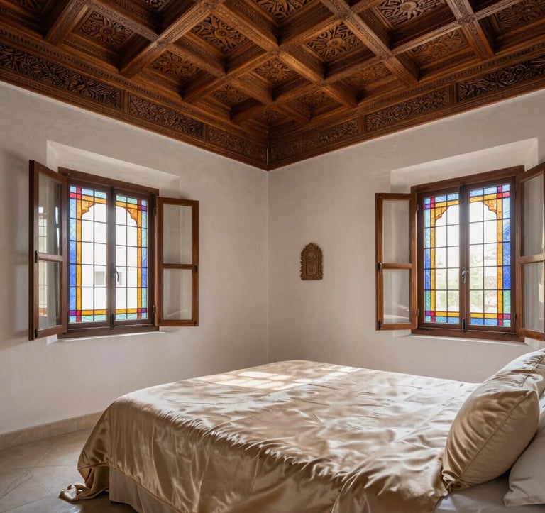 An elegant riad bedroom interior with hand-carved cedar wood ceilings in espresso brown, sandy beige silk linens, and soft light filtering through stained glass windows.