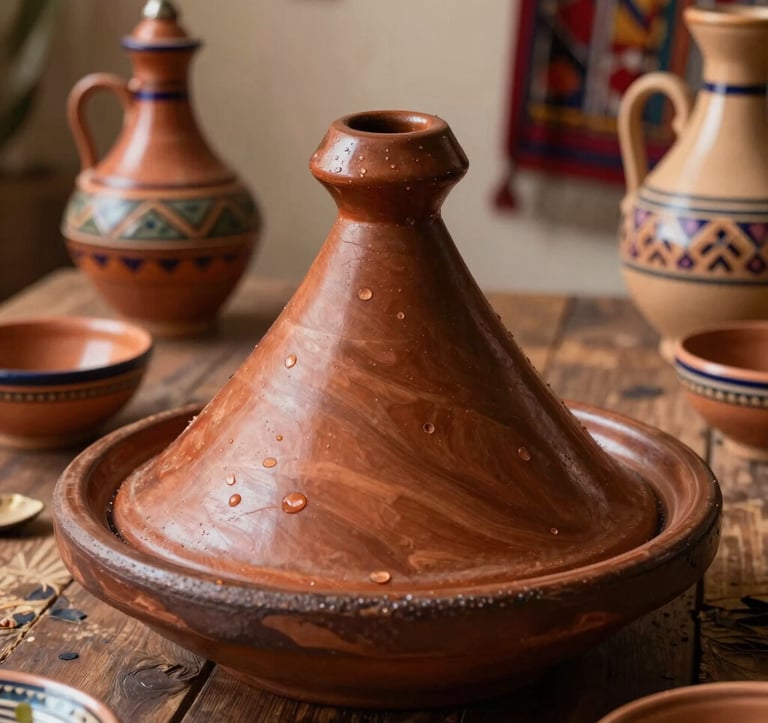 Close-up of traditional Moroccan tagine on a table with dark espresso brown wood, surrounded by colorful local pottery and textiles in earthy copper tan and almond tones.