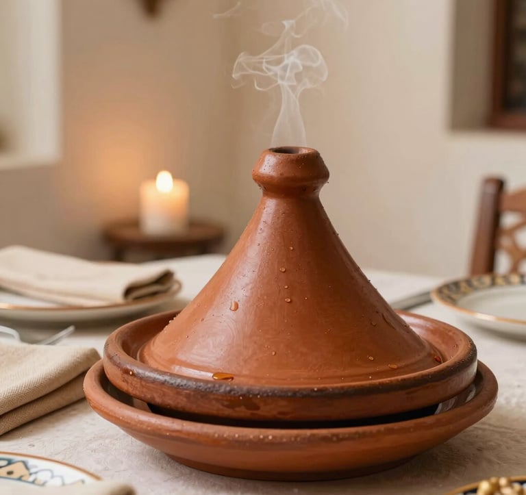 An intimate, elegant close-up of a Moroccan dinner table. A steaming tajine sits on a Warm Terracotta plate. Deep Espresso wooden accents and Soft Sand napkins create a sophisticated palette. Soft candlelight reflects off the Creamy Alabaster walls in the background.