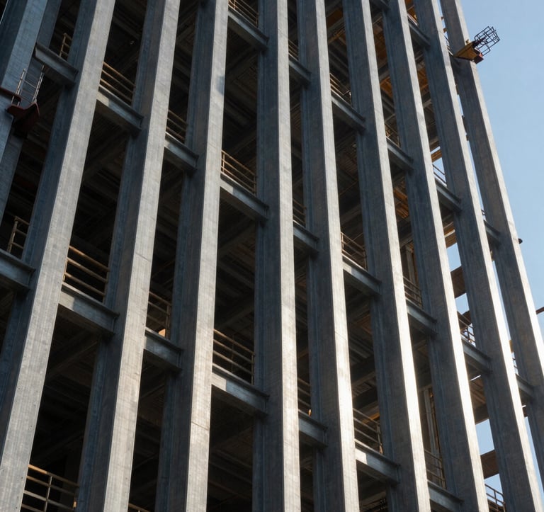 A dynamic shot of a commercial construction site in a US metro area, featuring vertical steel beams of a skyscraper reaching into the air, with high-contrast shadows and sharp industrial lines.
