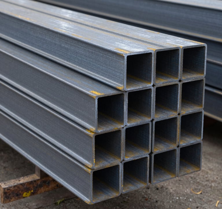 A clean, organized stack of heavy structural steel I-beams in a North American warehouse. The lighting is crisp and cool, highlighting the metallic texture and precision of the fabrication. Shot from a medium distance at eye level.