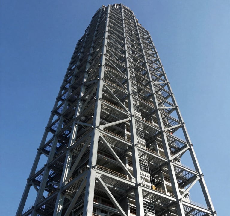 A wide-angle professional photograph of a massive structural steel skeleton of a new North American skyscraper under a clear blue sky. The steel beams are painted in a protective grey coating, reflecting strength and industrial leadership.