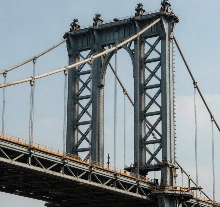 An architectural photograph of a massive steel bridge framework under construction in a North American city, emphasizing the strength of the structural steel plates and heavy-duty riveting against a clear sky.