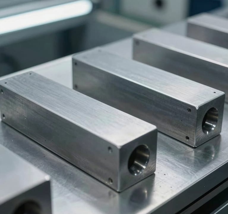 Detailed shot of finished steel alloy components on a inspection table. The metallic surfaces are smooth and light gray, lit by bright industrial overhead lights. A professional, high-precision manufacturing environment.
