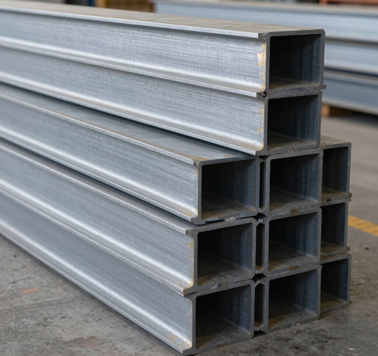 A geometric composition of stacked structural steel beams in a clean, modern North American warehouse. The lighting is soft and natural, emphasizing the silver and cool gray metallic textures.