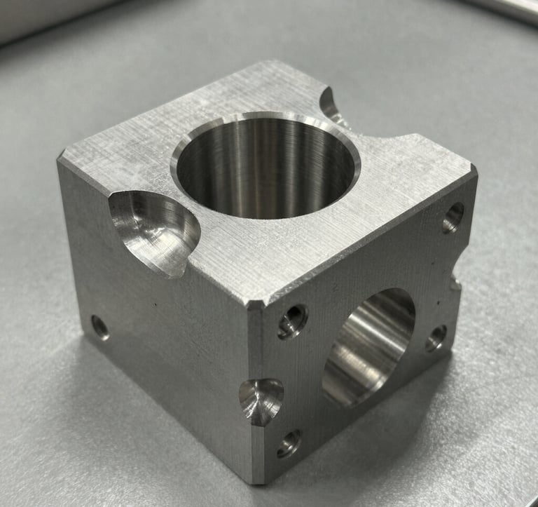 A sharp, detailed photograph of a precision-machined steel alloy component with a brushed metal finish, showcasing intricate CNC-cut details and sharp edges, resting on a professional gray workshop bench.