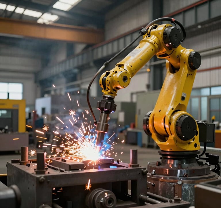 Inside a modern North American metal foundry, a focused industrial scene showing a large robotic arm performing high-precision steel welding with bright orange sparks, creating a forward-thinking mood.