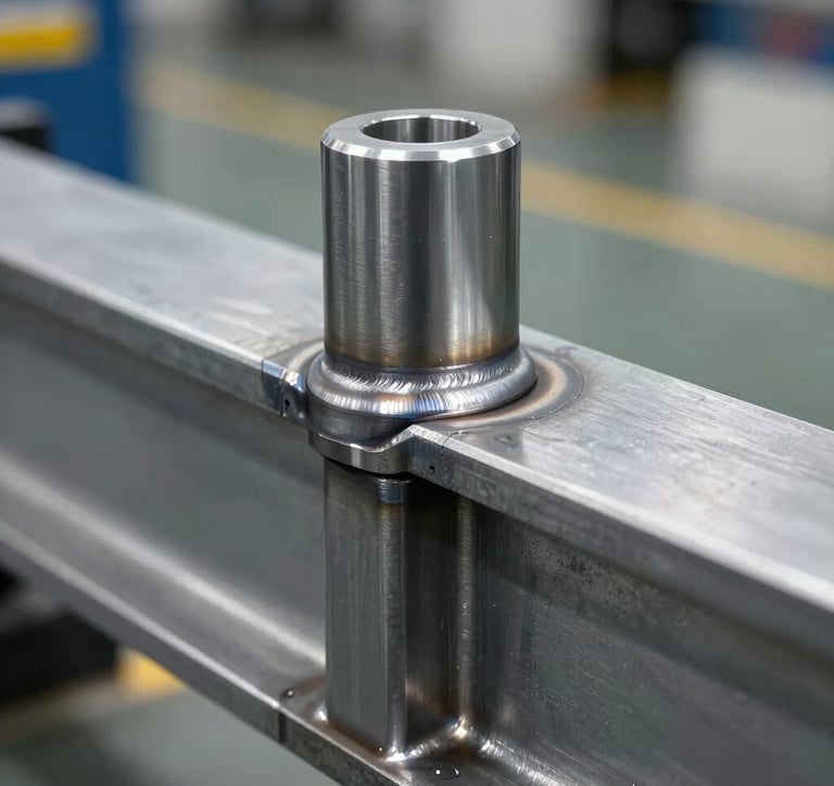 A high-detail macro photograph of a precision-welded joint on a structural steel beam. The metal has a cool silver and industrial grey sheen. The setting is a clean, organized North American manufacturing facility with professional lighting.