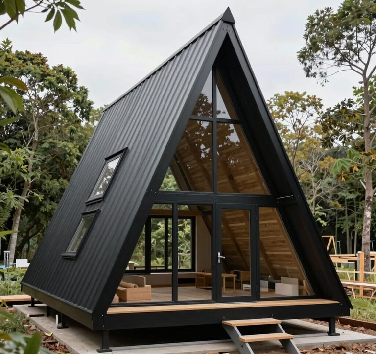 Modern minimalist interior of an A-frame chalet. High ceilings with dark wood beams, soft cream furniture, and large windows looking out at a tranquil pine forest.