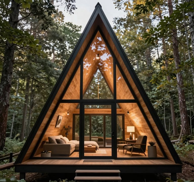 Architectural photography of a compact 'Mini Chalé' in charcoal black metal and glass. Minimalist aesthetic, set in a lush forest clearing during a soft morning fog. Premium and functional feel.