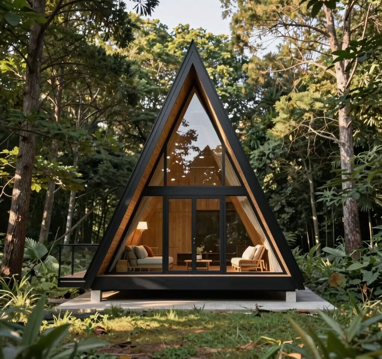 A professionally staged photo of an architectural model and floor plans of an A-frame chalet on a wooden desk, with a blurry forest view through the window in the background.