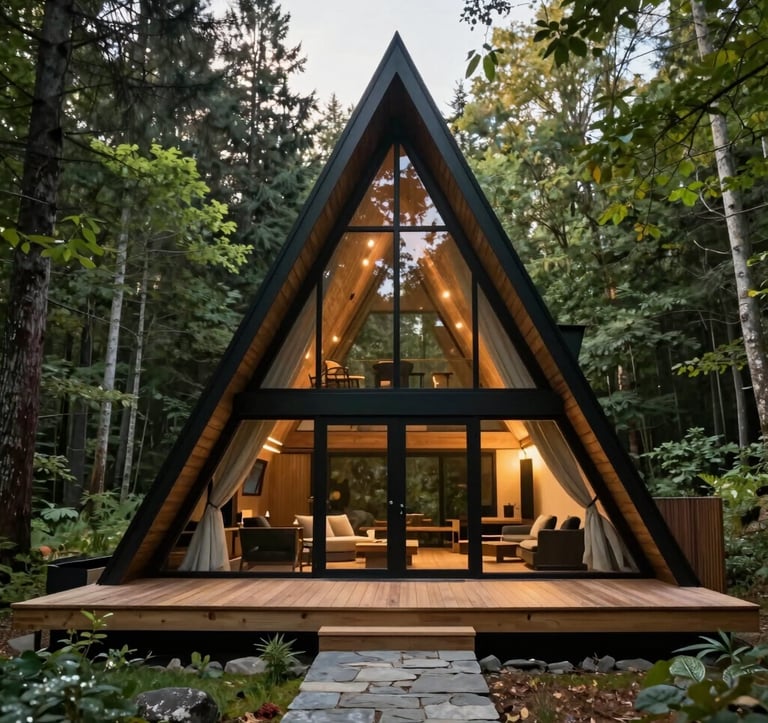 Exterior shot of a modern A-frame chalet in a forest setting. The house features black metal structural beams and extensive glass. A warm stone path leads to a wooden deck. The lighting is soft morning light with natural deep forest green foliage surrounding the structure.