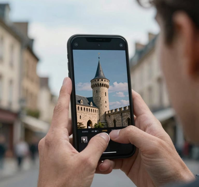 A close-up of a person in a European / French historic district using a smartphone to interact with an augmented reality interface showing a reconstruction of a medieval tower, daylight, soft sky blue and pearl palette.