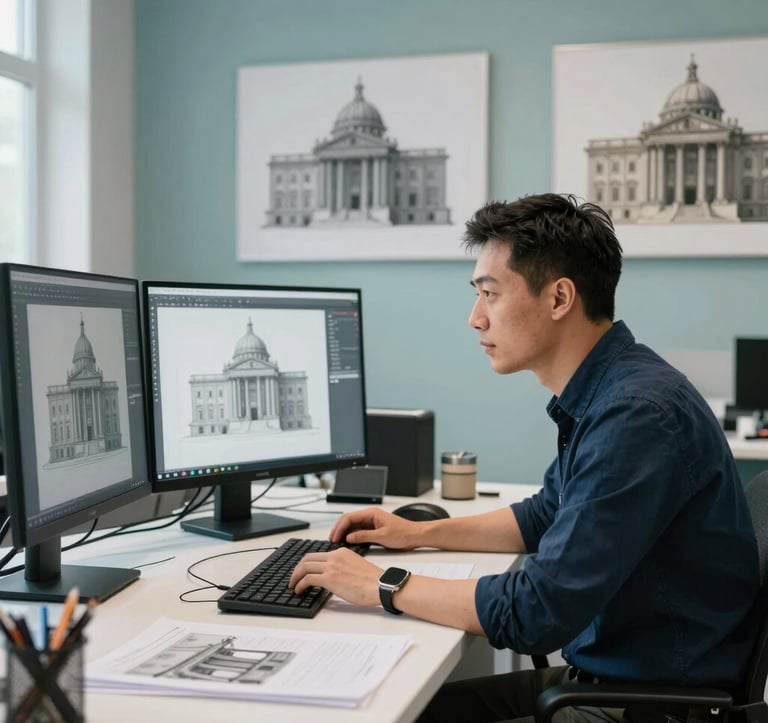 A professional designer in a modern European / French design studio working on digital 3D models of historical architecture, lighting is professional with muted teal and midnight blue accents.
