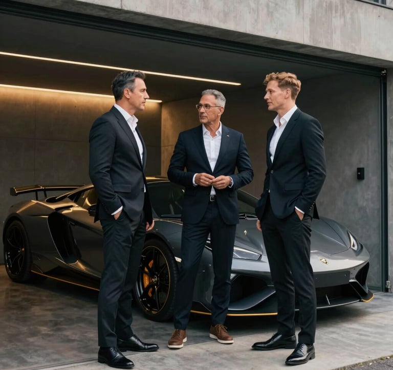 Three elite men in dark tailored apparel standing in a dimly lit, modern private garage next to a high-end European sports car. Muted gold lighting accents the architectural lines of the space. They are engaged in a serious conversation, embodying the brotherhood and power of the community.