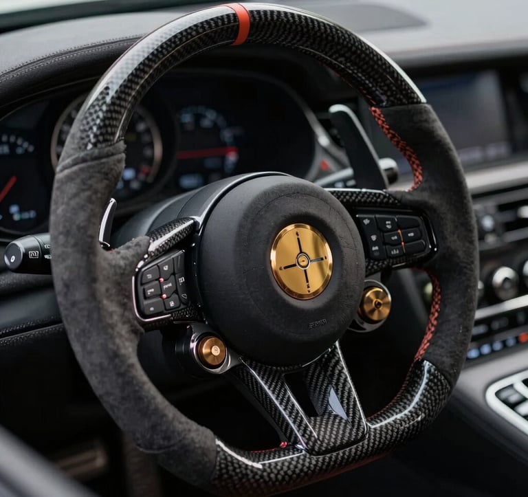 A close-up photograph of a professional racing steering wheel in a luxury car. The texture of carbon fiber and Alcantara is visible. The lighting is focused and dramatic, highlighting the buttons and dials in muted metallic gold against charcoal grey shadows.