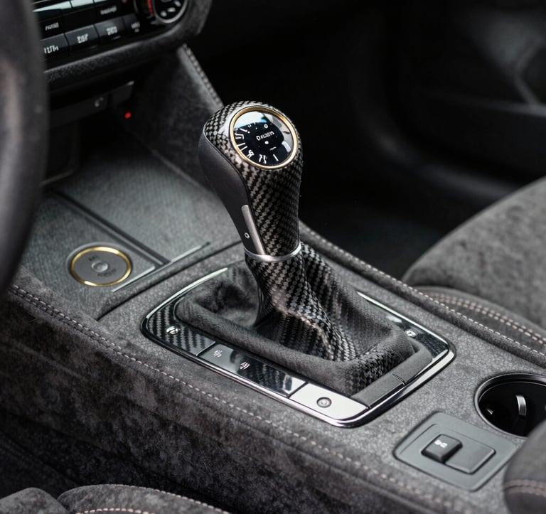 Close-up of a carbon fiber gear shifter and center console in a high-performance vehicle. The interior is primarily charcoal grey alcantara and obsidian black leather. Details like the stitching and dial accents are finished in a sophisticated muted gold.