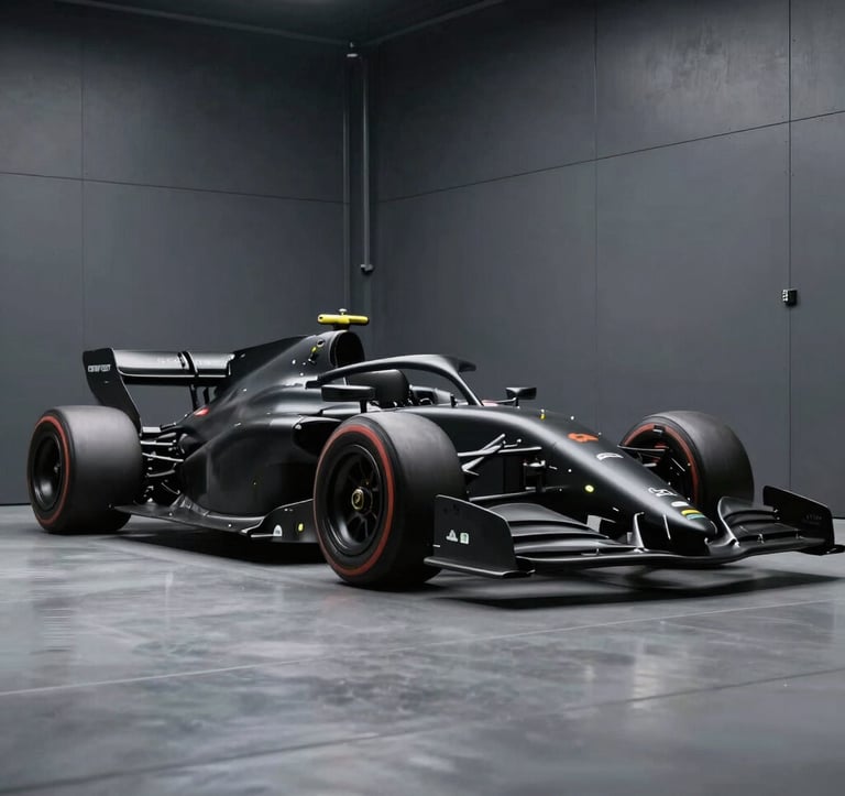 A powerful low-angle photograph of a sleek racing machine in obsidian black. The vehicle is positioned in a professional garage with industrial charcoal grey walls. Cinematic lighting highlights the precision of the bodywork.