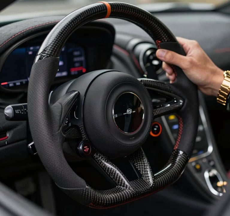 A close-up macro shot of a carbon fiber steering wheel inside a luxury hypercar. A driver's wrist is visible wearing a high-end metallic gold watch. The lighting is low-key, highlighting the precision textures of the interior.