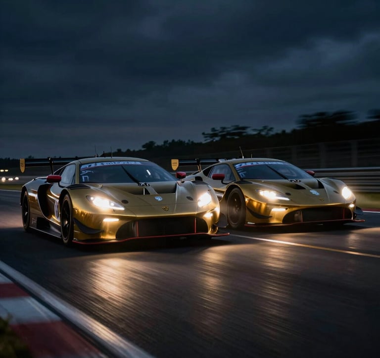 Two high-performance GT racing cars side-by-side at high speed on a dark asphalt circuit. The headlights cut through the night with a sharp metallic gold tint. Motion blur conveys extreme velocity and precision.