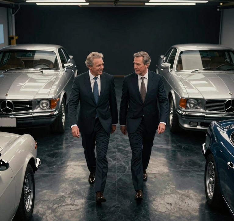 A top-down shot of two successful individuals in sharp, dark tailored suits walking through a dimly lit private garage containing several high-end classic and modern cars. The floor is polished deep obsidian black, reflecting the muted platinum silver overhead lights.