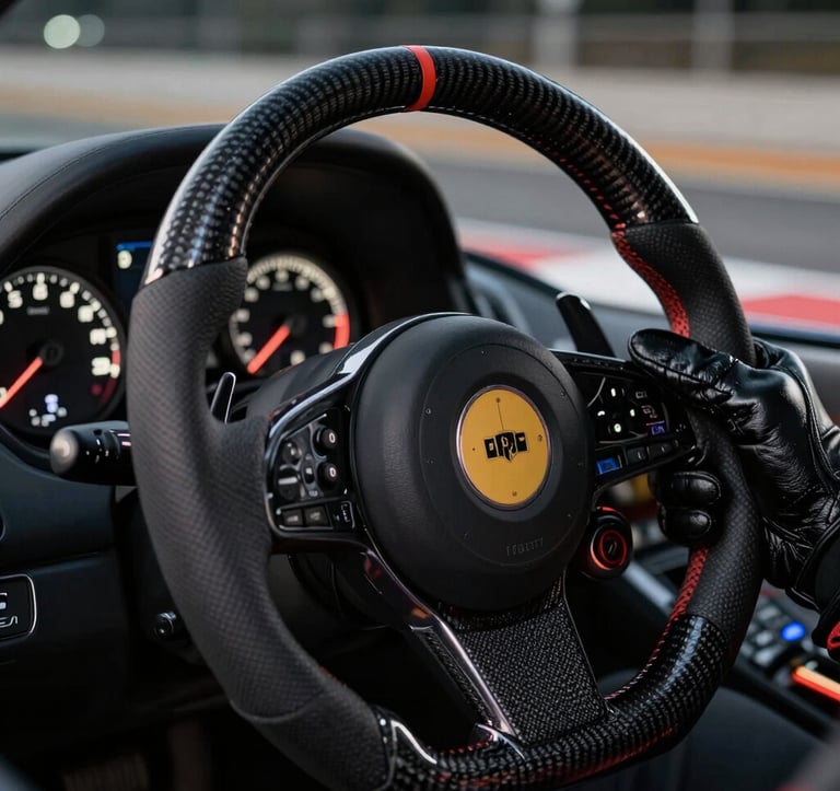 A close-up, sharp-focus shot of a driver's hand in a black leather racing glove gripping a carbon-fiber steering wheel. The background shows the high-speed blur of a track at night. The image is dominated by deep black and slate grey with soft off-white instrument lights.