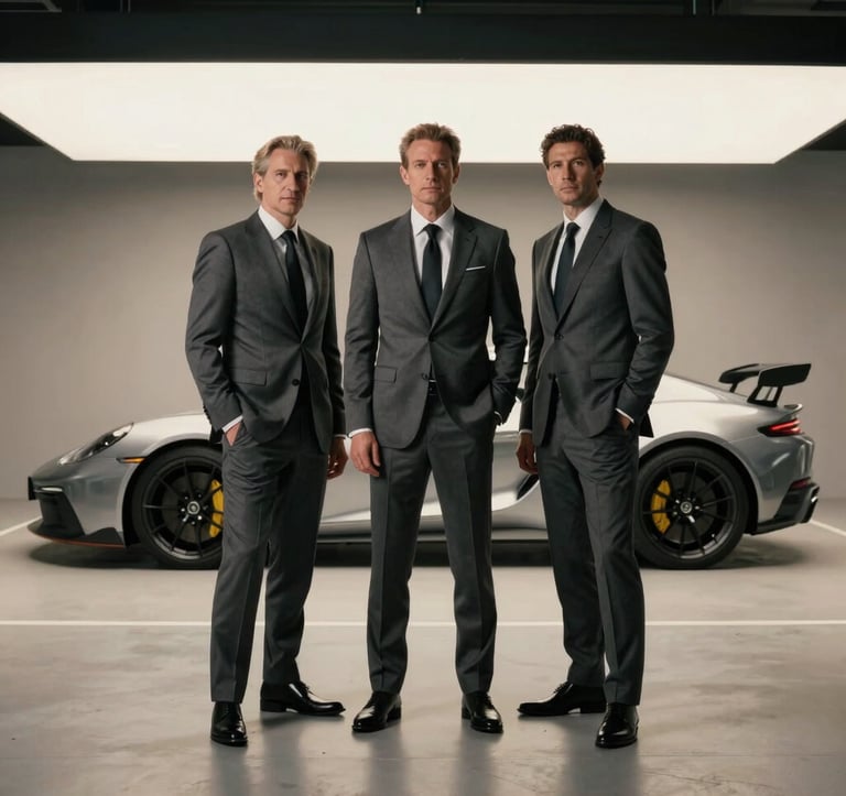 Three distinguished businessmen in sharp charcoal grey suits stand together in a minimalist, dimly lit private garage. In the background, the sleek silhouette of a silver exotic car is visible under soft off-white spotlighting.